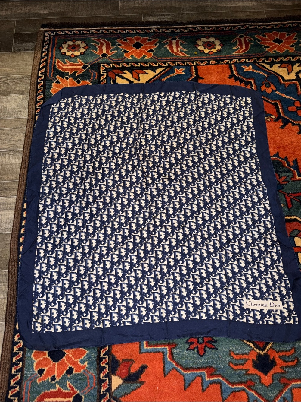 Vintage~ Dior Navy Blue and White Monogram Silk Scarf